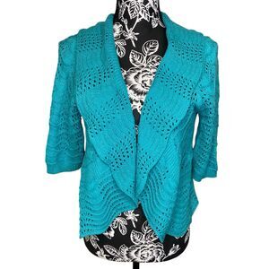 Isabella Rodriguez Blue Metallic Open Knit Cardigan Sweater Medium Top Shrug